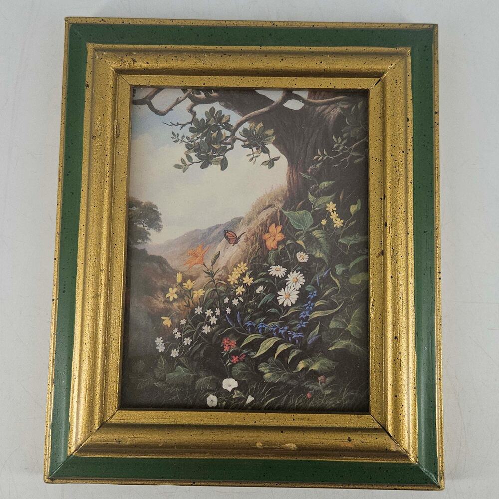 Vintage floral botanical small print w butterfly framed green gold